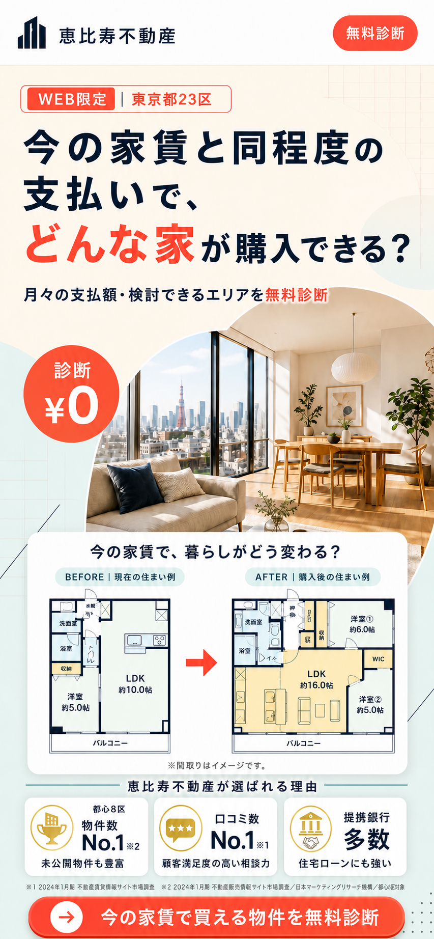 今の家賃と同程度の支払いで購入できる家を無料診断。間取りのビフォーアフターと恵比寿不動産の強みをご紹介